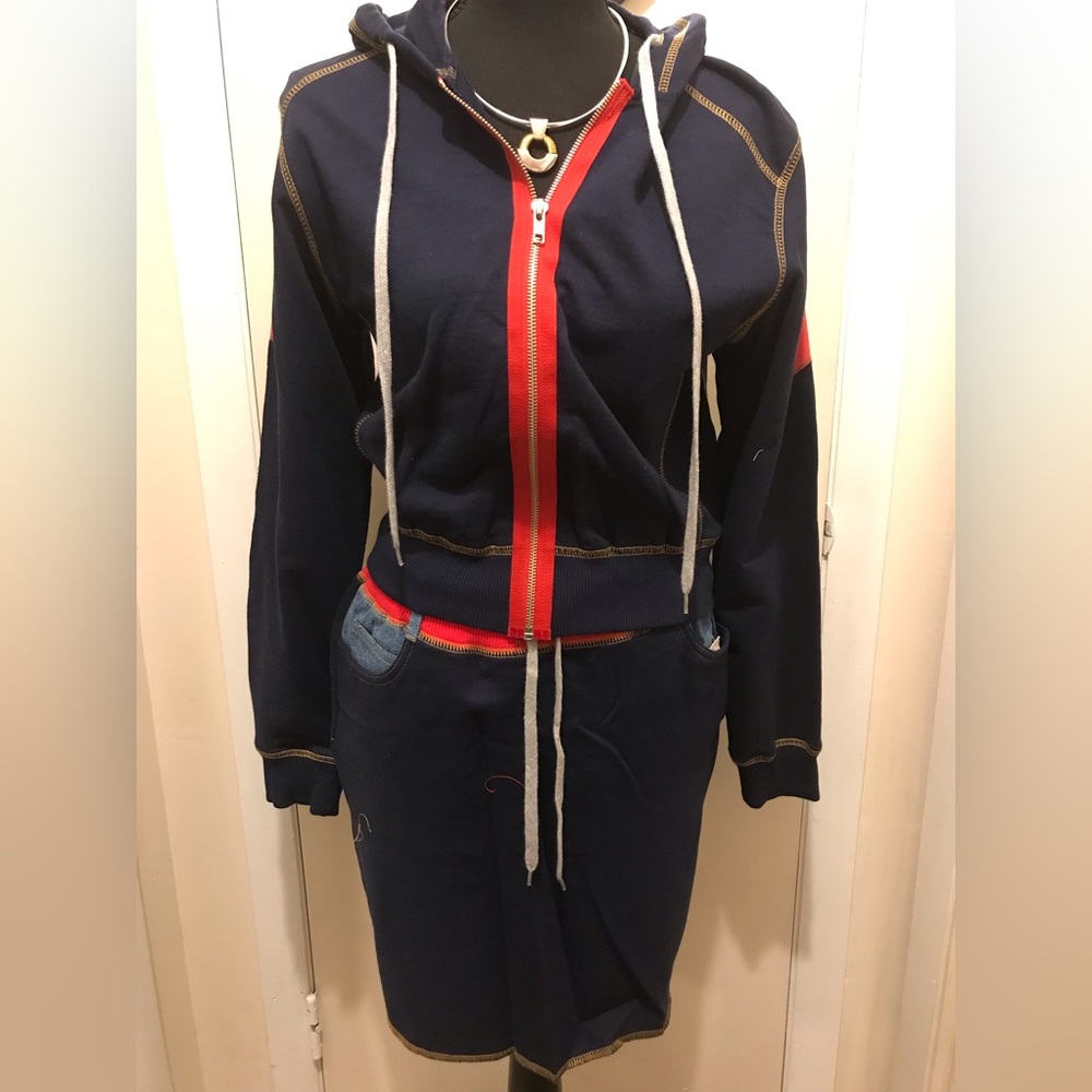 E) 🆕 Ladies Crop Navy,Red Hooded Lg Sleeve Jacket & Skirt Set.  NWT